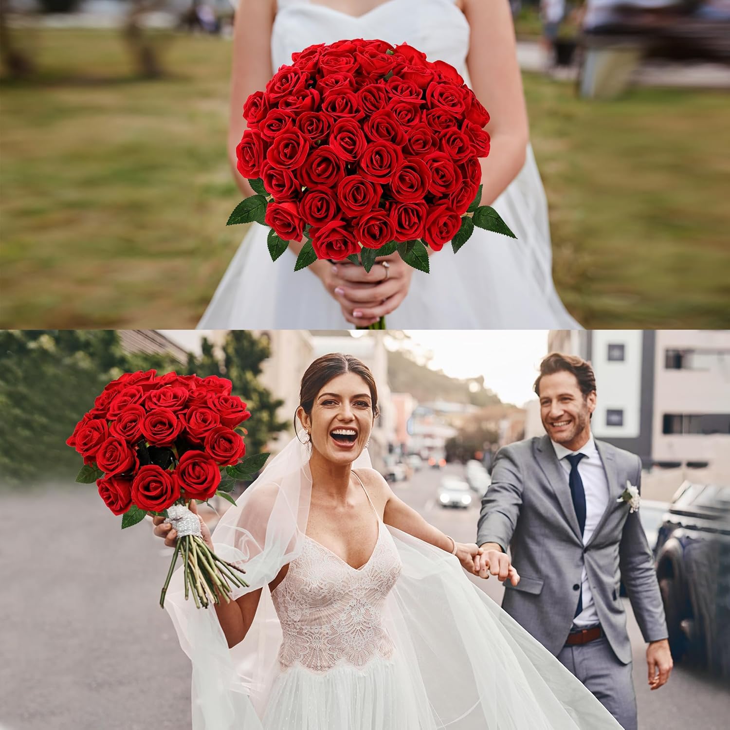 Sggvecsy 50 Pcs Artificial Roses Red Flowers Fake Velvet Silk Roses with Stems Bulk Realistic Faux Flowers for Bridal Bouquets Wedding Centerpieces Valentines Day DIY Home Party Decor (Red)