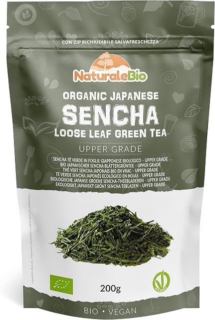 Organic Japanese Sencha Green Tea - Upper Grade - 200g. Sencha Loose Leaf Green Tea Bio, Natural and Pure. First harvest Green Tea Leaves cultivated in Japan. NaturaleBio