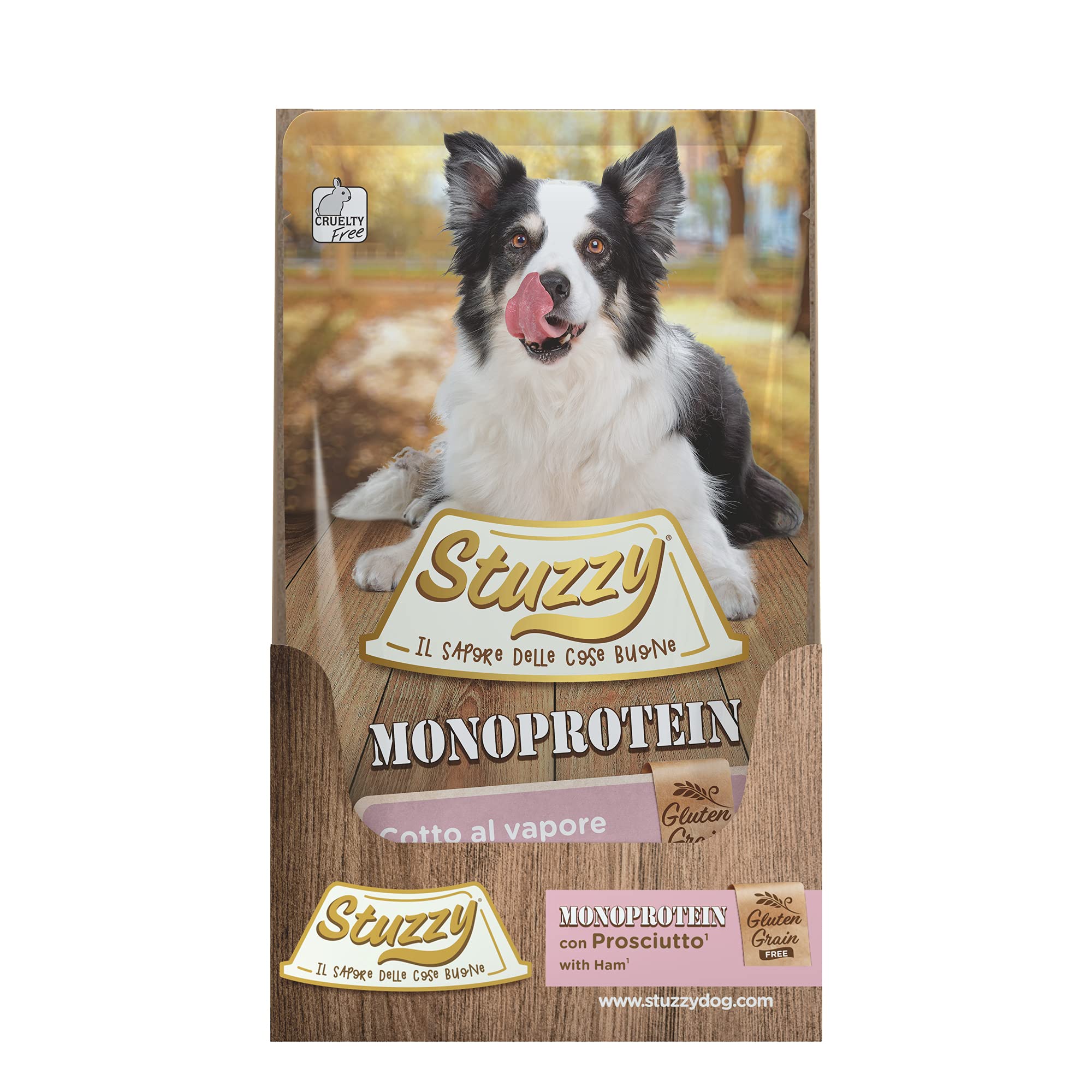 Stuzzy Monoprotein Grain & Gluten Free Cibo Umido per Cani Adulti Gusto Prosciutto Patè 1,8kg (12x150g)