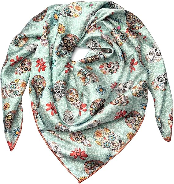 Wild Rag Silk Scarf 36'', Western Cowboy Bandana Square Silky Wild Rags, Sugar Skull Pattern Scarves