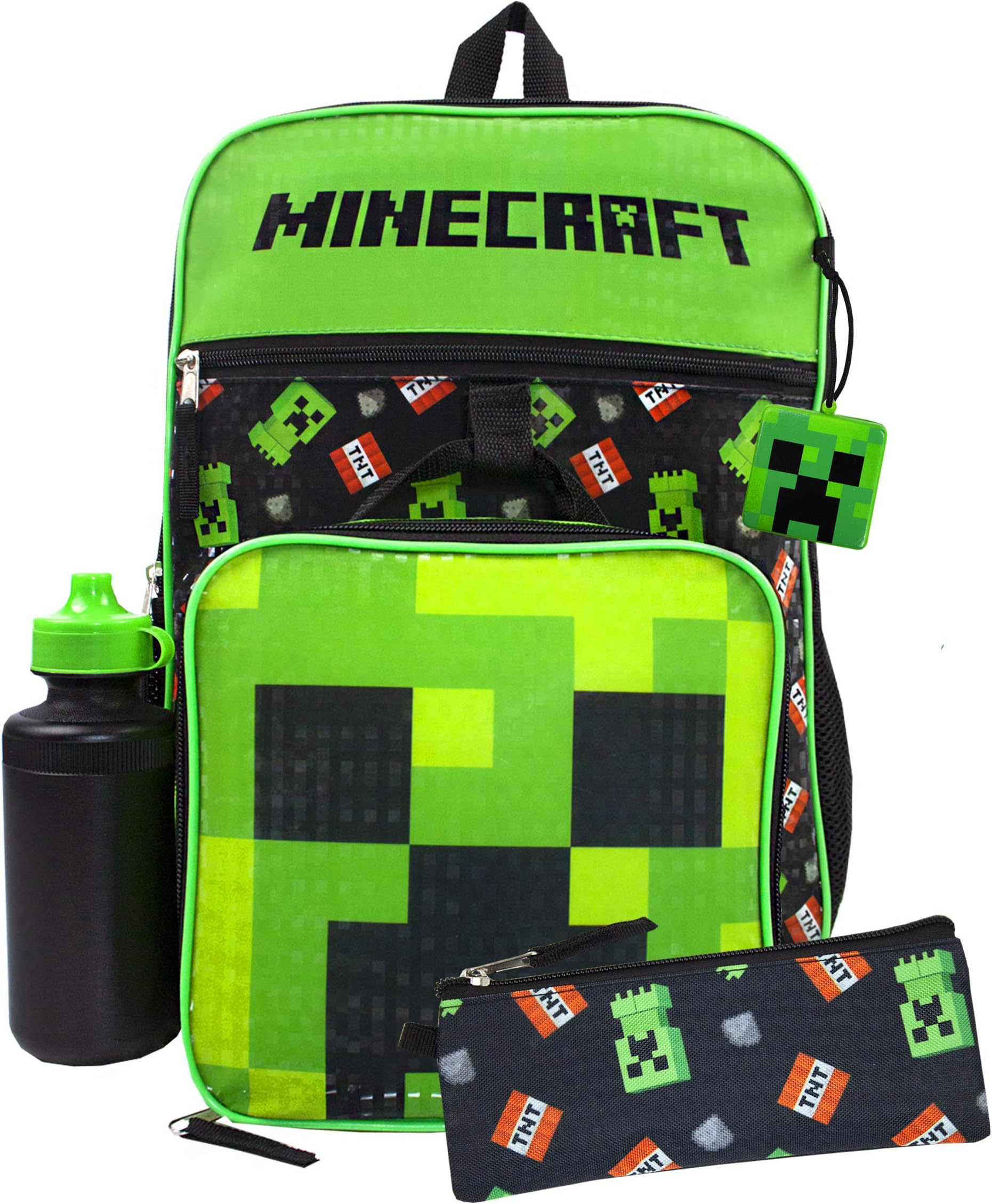 Creeper Backpack Set | Boys TNT 5 Piece Gamer Rucksack | Pencil Case, Bottle & Lunchbag Included | Unleash Adventure, Black, Schoolbag Set