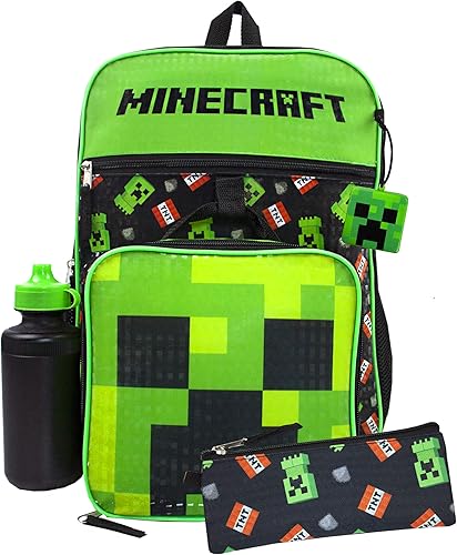 Vanilla Underground Minecraft Creeper - Juego de mochila para jugadores de 5 piezas para niños, estuche para lápices, botella y bolsa de almuerzo