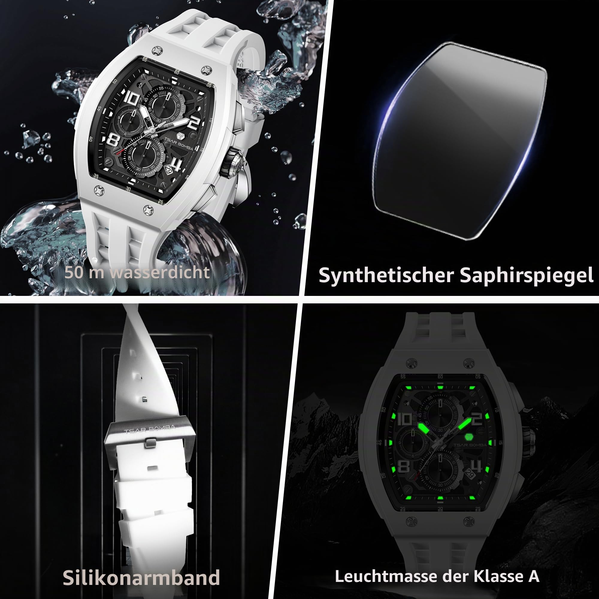 TSAR BOMBA Herrenuhr Armbanduhren für Herren wasserdichte Herren Uhren Schwarzes Armband Silbernes Edelstahlgehäuse Saphirglas Chronograph Datum Japanisches Quarzwerk Geschenke Luxus 8224/8204 Serie
