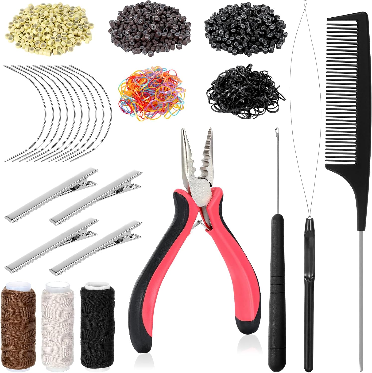 Hair Extension Tools Kit, 600 Silicone Lined Micro Rings, 1 Plier, 2 Hook Needle Pulling Loop, 10 Curved Hair Needle, 4 Metal Hair Clips, 1 Comb, 3 Sewing Threads, 200 Mini Rubber Bands