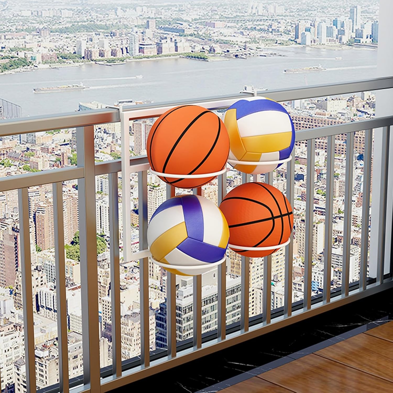 Sports Ball Organizer Holder Shelf Railing Ball Storage Rack with Extra Wide Hooks, Wall Foldable Organizer Holder for Balcony/Outdoor/Porch Basketball Display (White 4 Balls)