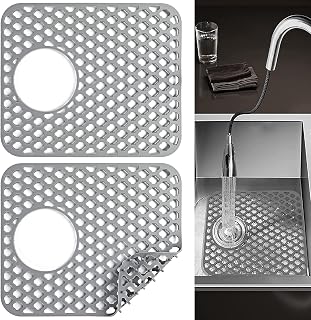 2pcs Kitchen Sink Mat 13.6x11.5inch Silicone Kitchen Sink Sink Mats Non-Slip Heat Resistant Sink Mats for Bottom of Farmhouse Stainless Steel Sink(Grey, Edge Drain Hole)