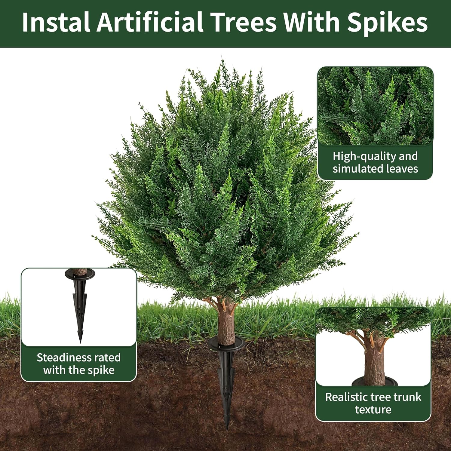 24.5”Artificial Cedar Topiary Ball Tree Set of 2 with Ground Spikes, UV Resistant Artificial Bushes Fake Plants for Home Front Door Offices - Image 4
