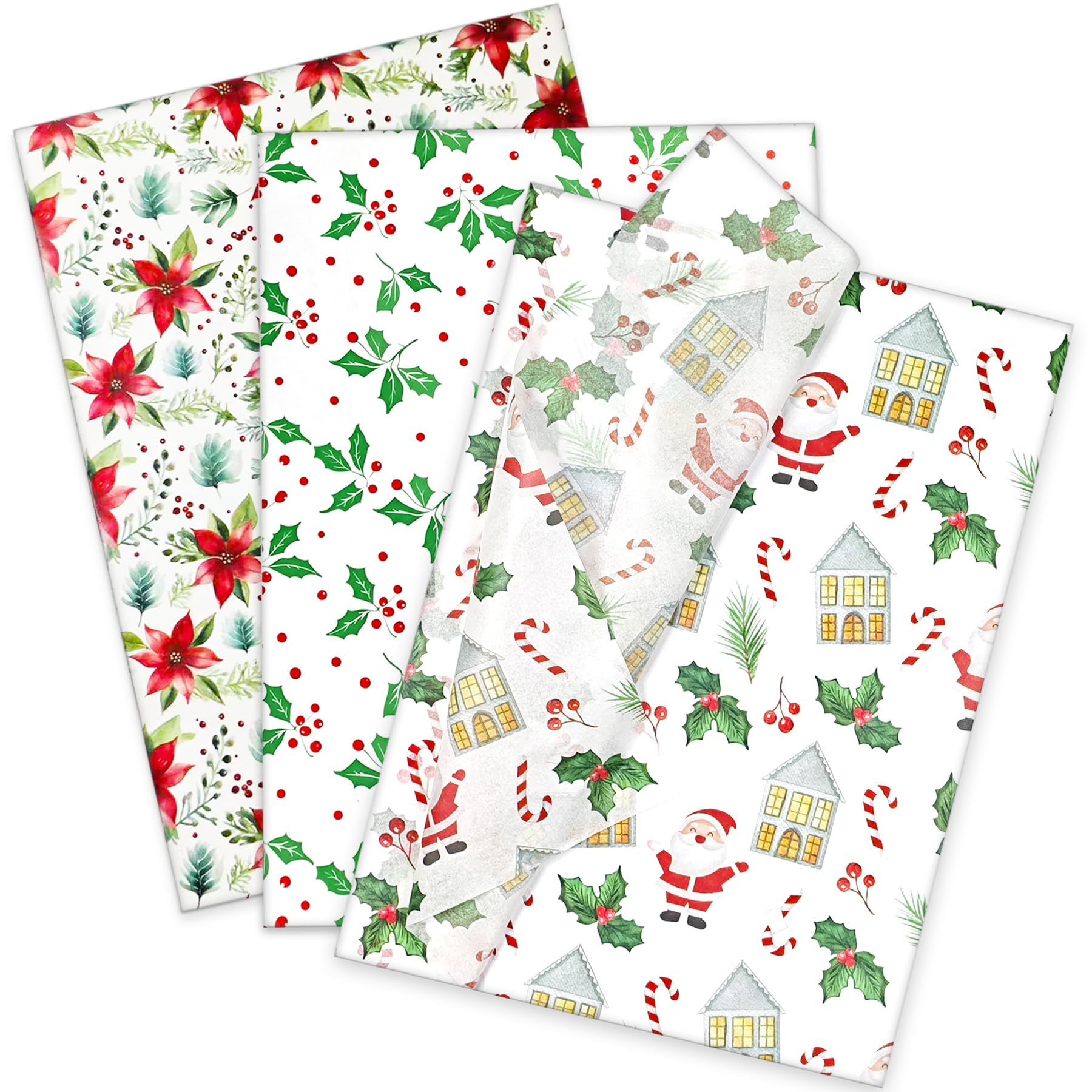 LIAPAWPAW 60 Sheets Christmas Tissue Paper, Poinsettia Holly Berry Santa Pattern, Vintage Red Green Holiday Tissue Paper for Gift Bags Stuffing, Xmas Gift Wrapping, Art Crafts, Winter Party, 50x35cm — image 1