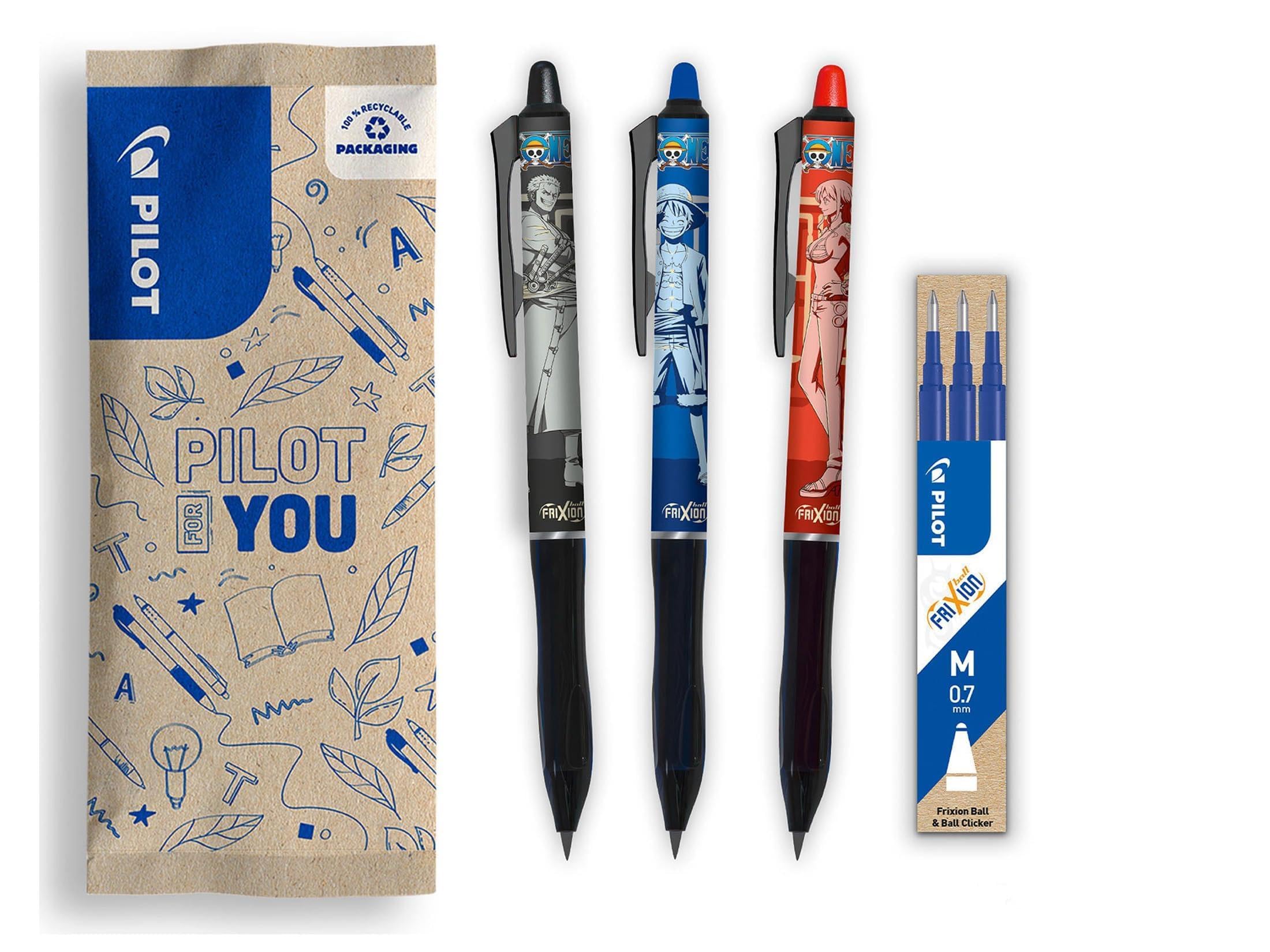 PILOT x ONE PIECE - Caja de 3 FriXion Ball Plus, Negro, Azul, Rojo + 3 Recambios + 4 Stickers - Bolígrafos Borrables Ergonómicos - Edición Limitada One Piece - Luffy, Zoro, Nami - Punta Media