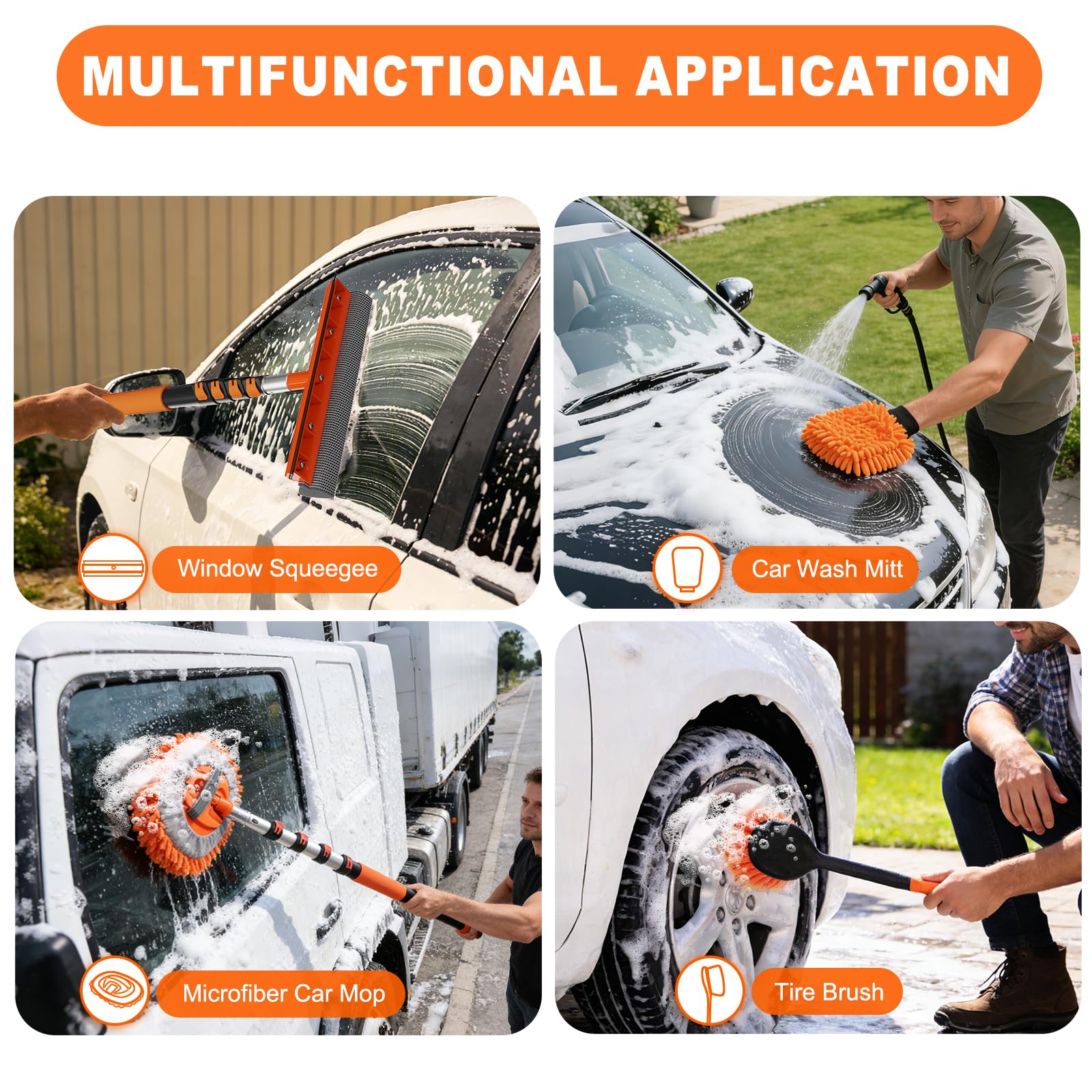 SISUPASSIE 4.8m Car Wash Brush Long Handle, Car Cleaning Brush Kit with Soft Bristle Brush, Telescopic Window Cleaner, Microfiber Wash Mop, Wheel Brush, Mitt for Cleaning Caravan, Boat, Solar Panels — view 5