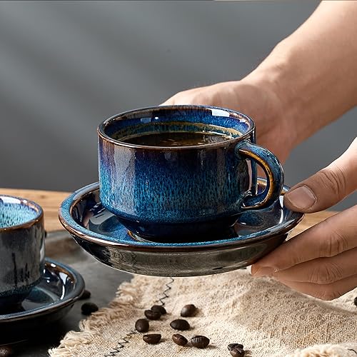 Miniatura 2 de JIEMEI HOME - Juego de 4 tazas de porcelana para capuchino Demitasse con platillos y soporte de metal, tazas apilables de 7 onzas para café con