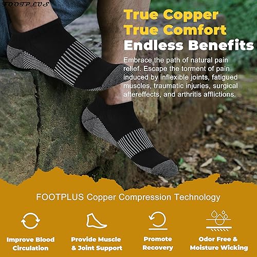 Miniatura 2 de FOOTPLUS Calcetines de compresión de cobre, calcetines deportivos con soporte de arco y acolchado unisex para tobillotripulación para correr
