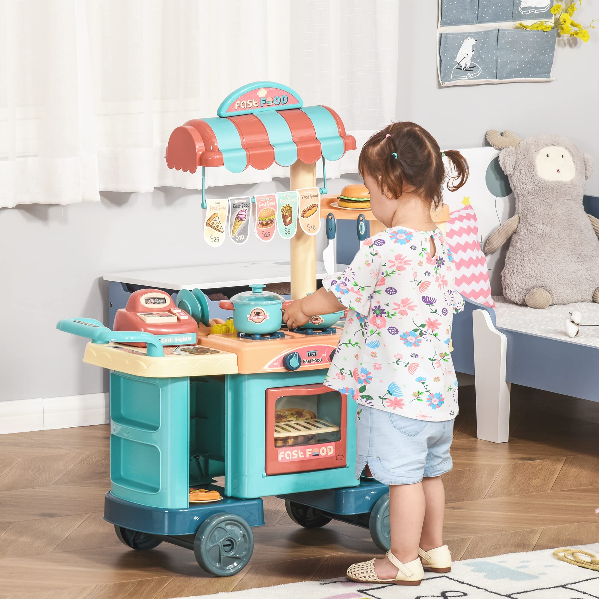HOMCOM Cucina Giocattolo Per Bambini 3-6 Anni, Caffetteria Ristorante con 50 Accessori Inclusi, 79.5 x 33 x 90.5cm