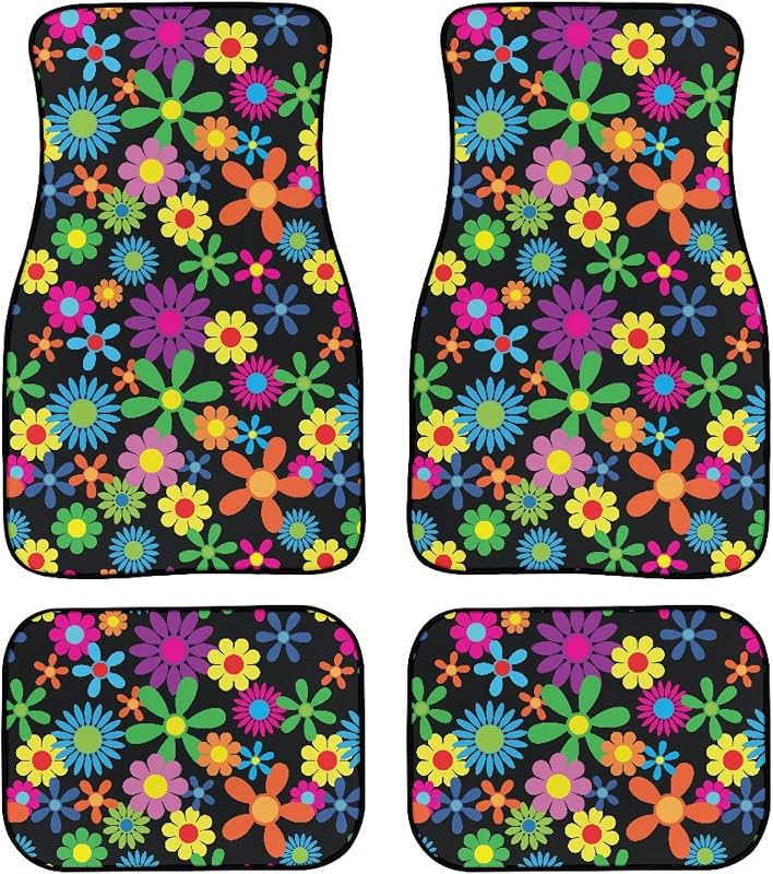 Kit de Tapetes Automotivos BENXINYA com Estampa Floral Hippie e Margaridas, Poliéster com Base de Borracha, 4 Peças