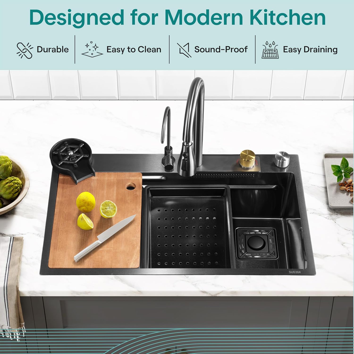 SereneLife Stainless Steel Kitchen Sink Black, Modern and Highly Durable Kitchen Sinks Includes Water Purifier Tap, Drain Rack, Cutting Board, Cup Washer & Basin Spray