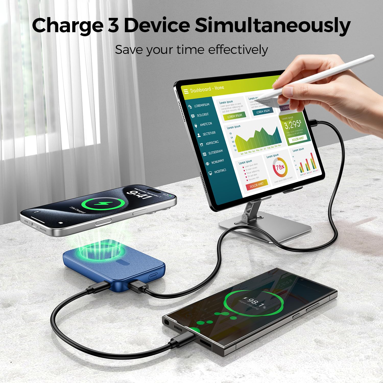 Eissix For Magsafe Power Bank, 12000mAh Portable Charger, 22.5W Fast Charging Battery Pack with USB-C Input & Output, LED Display for iPhone 17/16/15/14/13/12 Series-Dark Blue — view 5