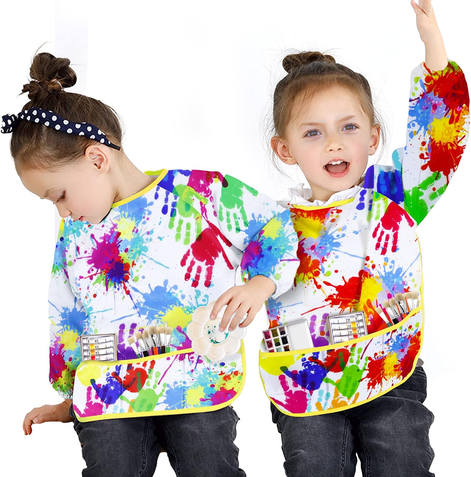 AluAbi 2Pcs Kids Art Aprons, Toddler Artist Painting Aprons with 3 Pockets, Waterproof Art Smock for Children Age 2-7 Years Boys & Girls