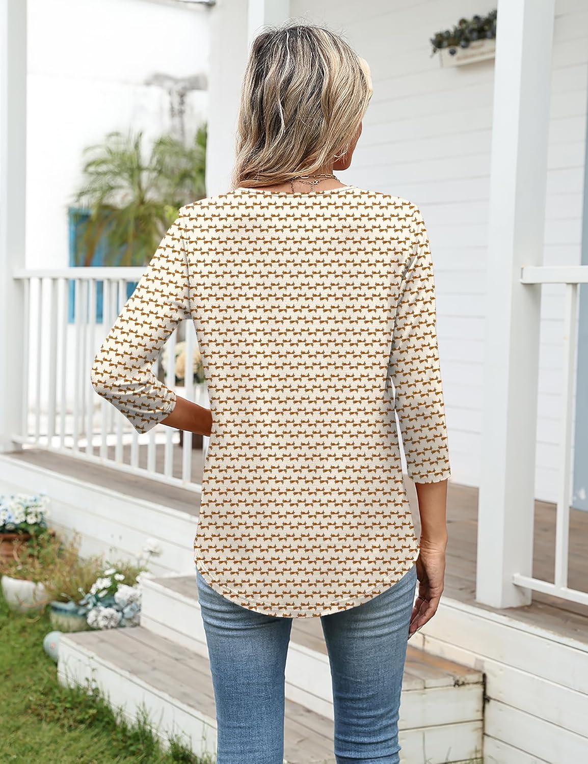 Ivicoer Women's 3/4 Length Sleeve Tops Crewneck Button Pleated Dressy Casual Blouses - Image 3