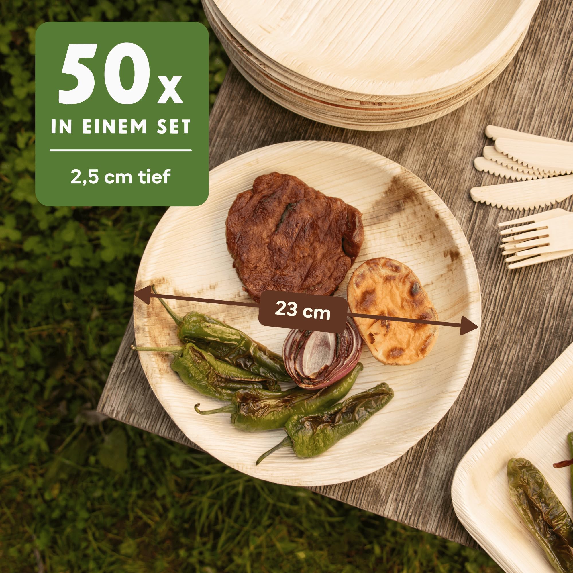 Leef 50x Palmblatt Teller rund - Einweggeschirr kompostierbar und naturbelassen - 23 cm - für Hochzeit und BBQ - umweltfreundlich - Geschirr Partygeschirr Einwegteller