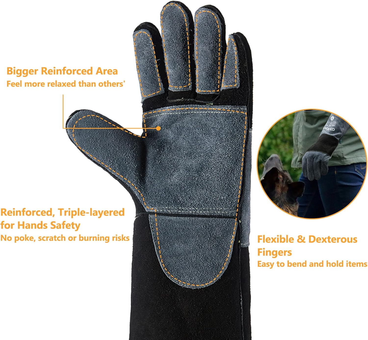 COOLJOB Bite Proof Animal Handling Gloves, Cowhide Leather with Kevlar Stitching for Cat Grooming, Dog Training, 16/22”