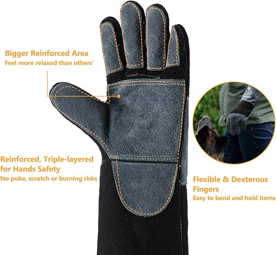 COOLJOB Bite Proof Animal Handling Gloves, Cowhide Leather with Kevlar Stitching for Cat Grooming, Dog Training, 16/22