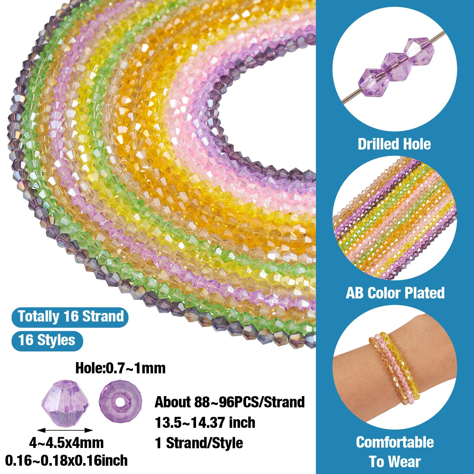 Keadic Kit di 1800 perline biconiche in cristallo da 4 mm, 15 colori, con 2 confezioni di cordoncino elastico, per progetti fai da te, bracciali, collane, orecchini e altri gioielli