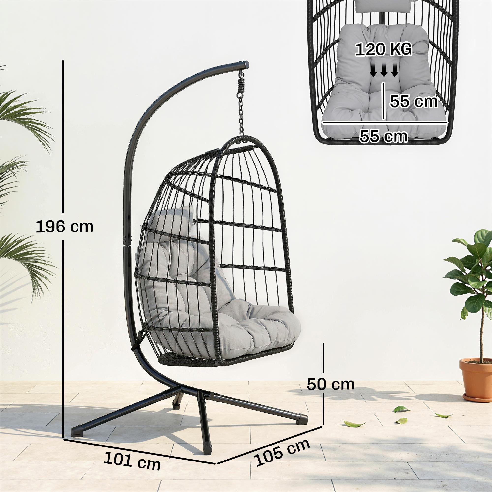 Outsunny Fauteuil Œuf Suspendu Pliable avec Support - Balançoire de Jardin avec Coussin 15cm et Appui-tête - Chaise Suspendue Intérieure et Extérieure, Nacelle Pliable Gain de Place, Noir et Gris