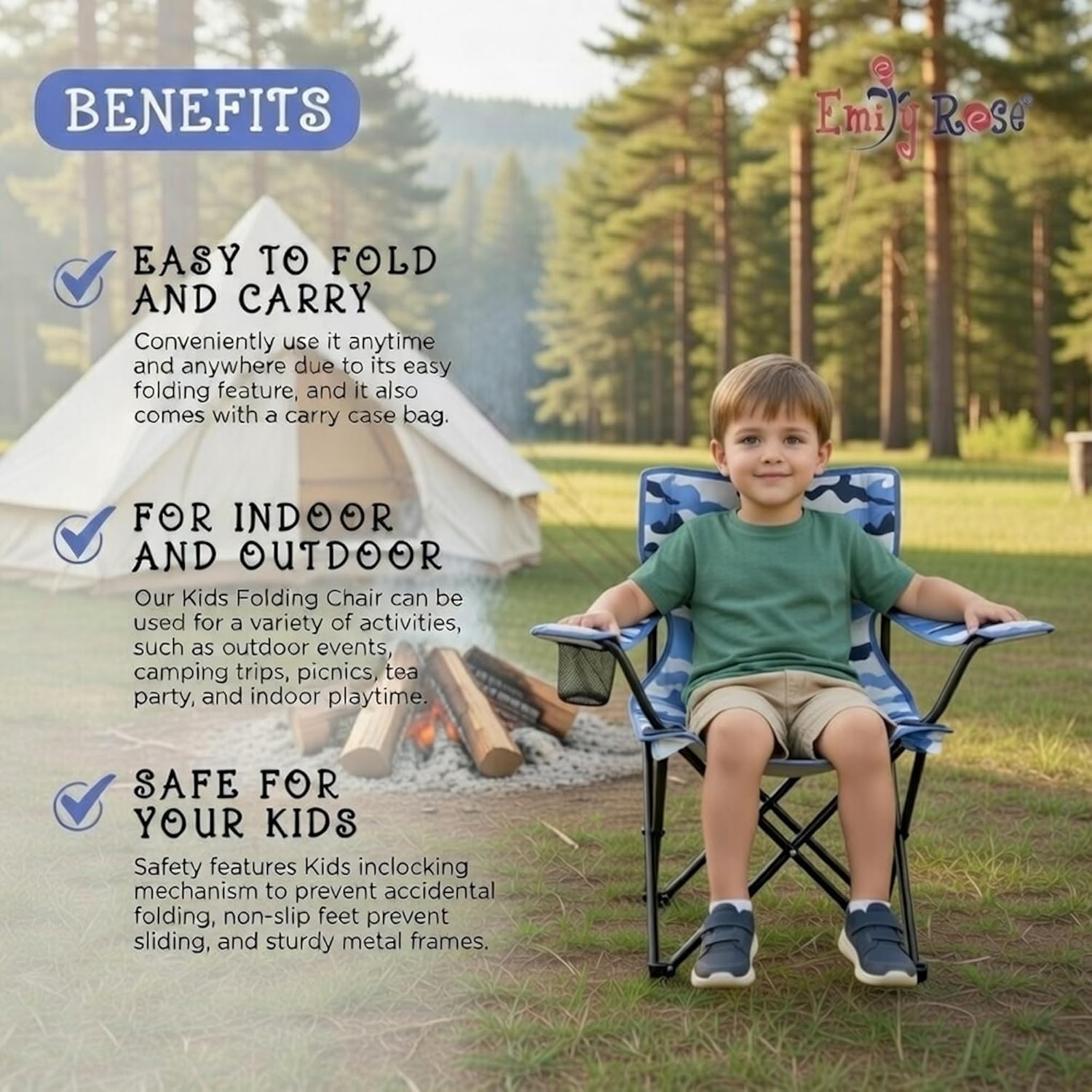 Emily Rose Kids Folding Beach Camp Chair with Safety Lock - Camping Travel Chair for Boys Girls Toddlers Ages 2-7 with Cup Holder & Carry Case (Blue Camo) Indoor Outdoor Lightweight USA Brand
