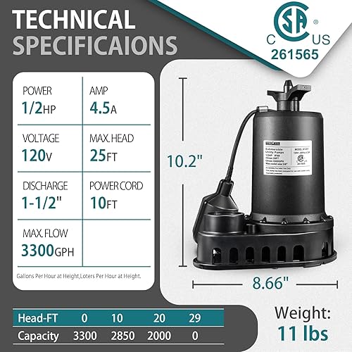 Miniatura 7 de WASSERMANN Bomba de sumidero de 12 HP, bomba termoplástica de utilidad de 3300 GPH bomba eléctrica portátil de transferencia sumergible limpiasucia