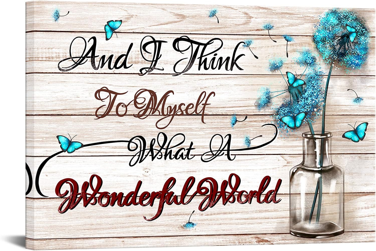 KREATIVE ARTS And I Think To Myself What A Wonderful World Canvas Wall Art Print Rustic Home Decor Teal Dandelion Flowers with Butterflies Framed Artwork Farmhouse Ready to Hang 24x36