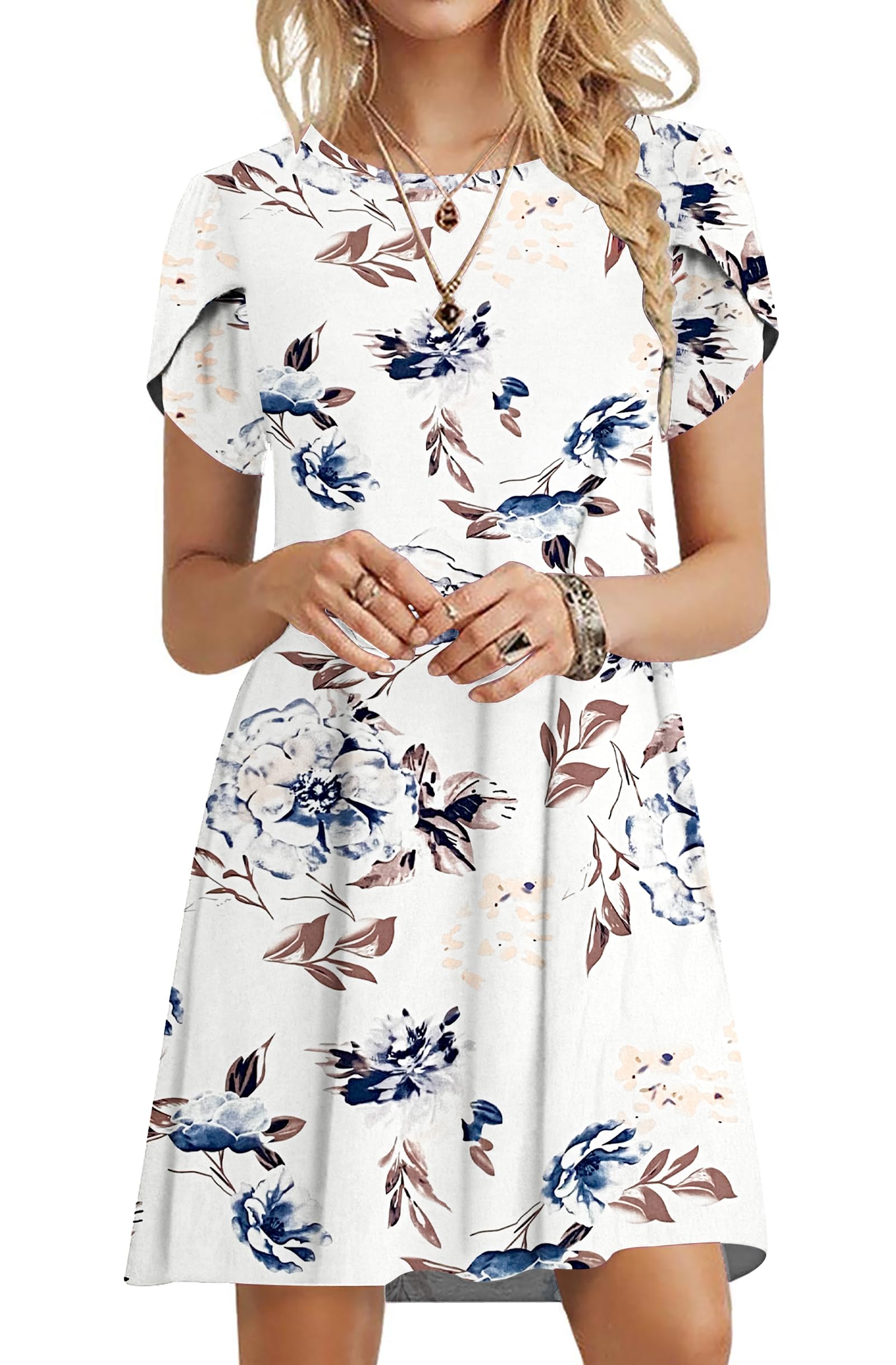 PLOKNRD Sommerkleid Damen Blütenblatt Ärmel T-Shirt Kleid Rundhals Blumenmuster Freizeitkleid Leicht und Luftig mit Taschen