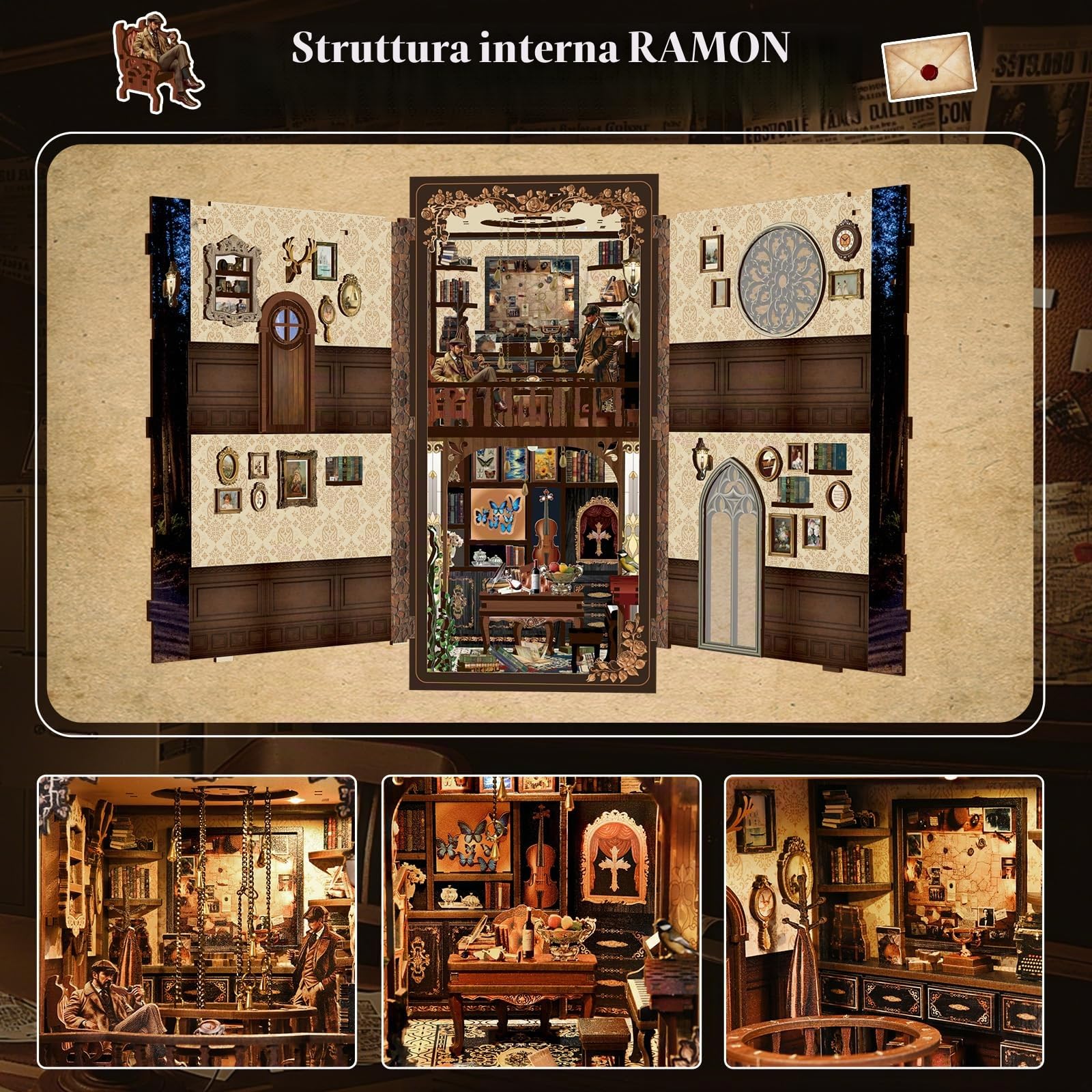 Book Nook Kit serie poliziesca- Scatola Oscura|Caso Misterioso, puzzle in legno 3D fai da te con LED-Case delle Bambole,set fai da te per adulti,Idea Regalo Creativa,decorazione per libreria