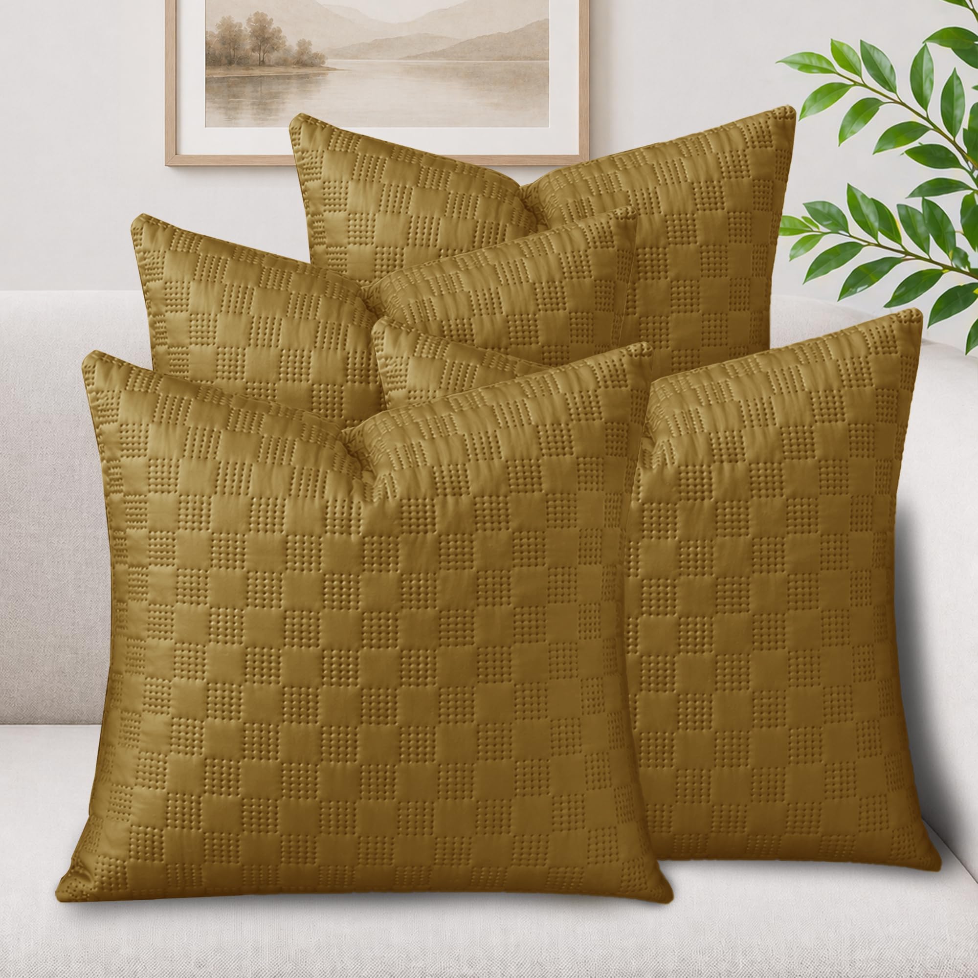 Hafaa Cushions with Covers Included 45 x 45 cm Rust 8 Pcs (4-Cushion Covers, 4-Inserts) Ultrasonic Checked Velvet Square Throw Pillow Cases with Invisible Zipper for Home Decor Sofa Bedroom