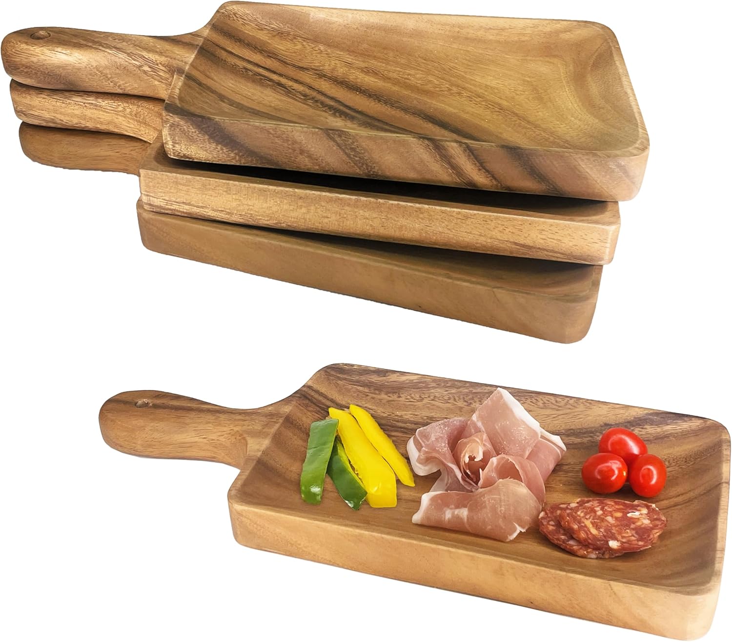 Woodard & Charles Acacia Wood Large Individual Paddle Board Serving Tray, 13.75" x 6", Set of 4