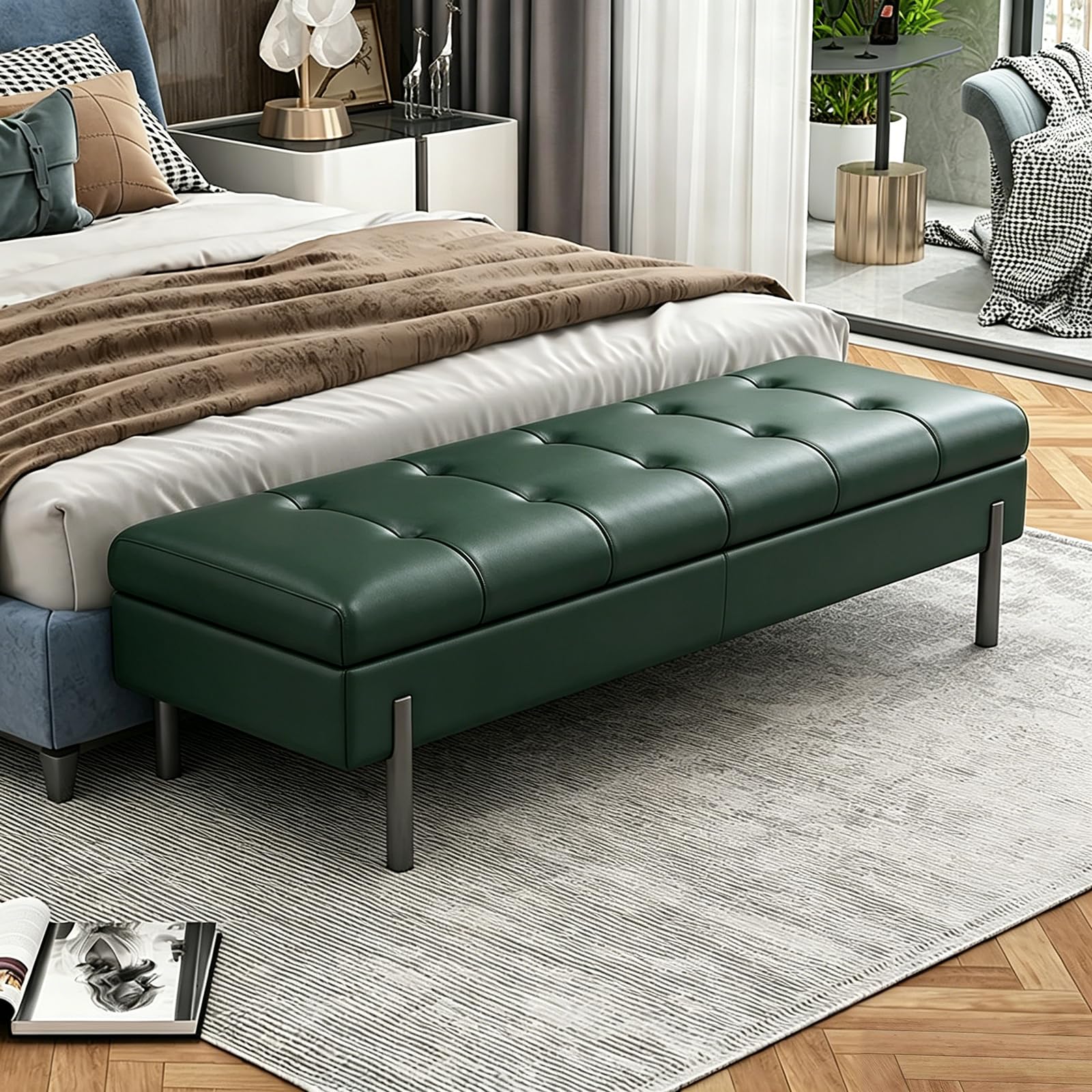 Stylowa zielona tapicerowana ławka otomana z nogami ze stali nierdzewnej – odporna na zarysowania skóra przedsionek przechowywanie butów i salon kanapa siedzisko 80 cm wąska konstrukcja do małych