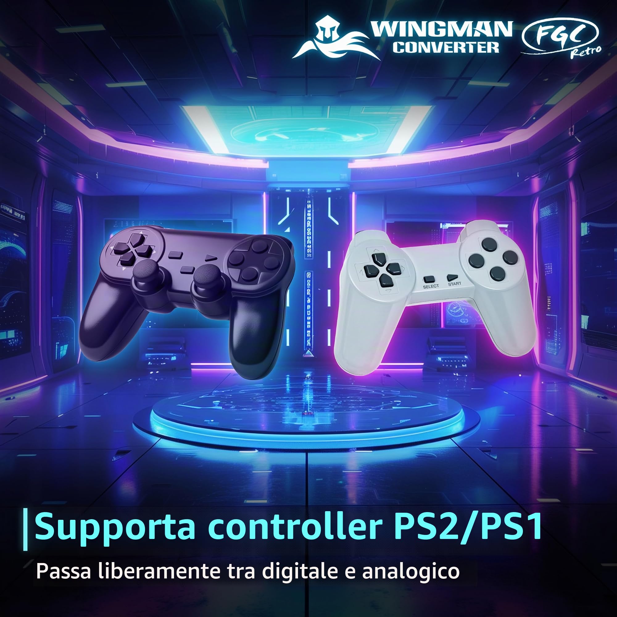 Brook Wingman FGC Retro con Portachiavi - PS1 & PS2 Controller per PS5, PS4, PC - Turbo, Remap, Macro - X-Input - Compatibile con tappetini da ballo, arcade, controller di gioco ritmico