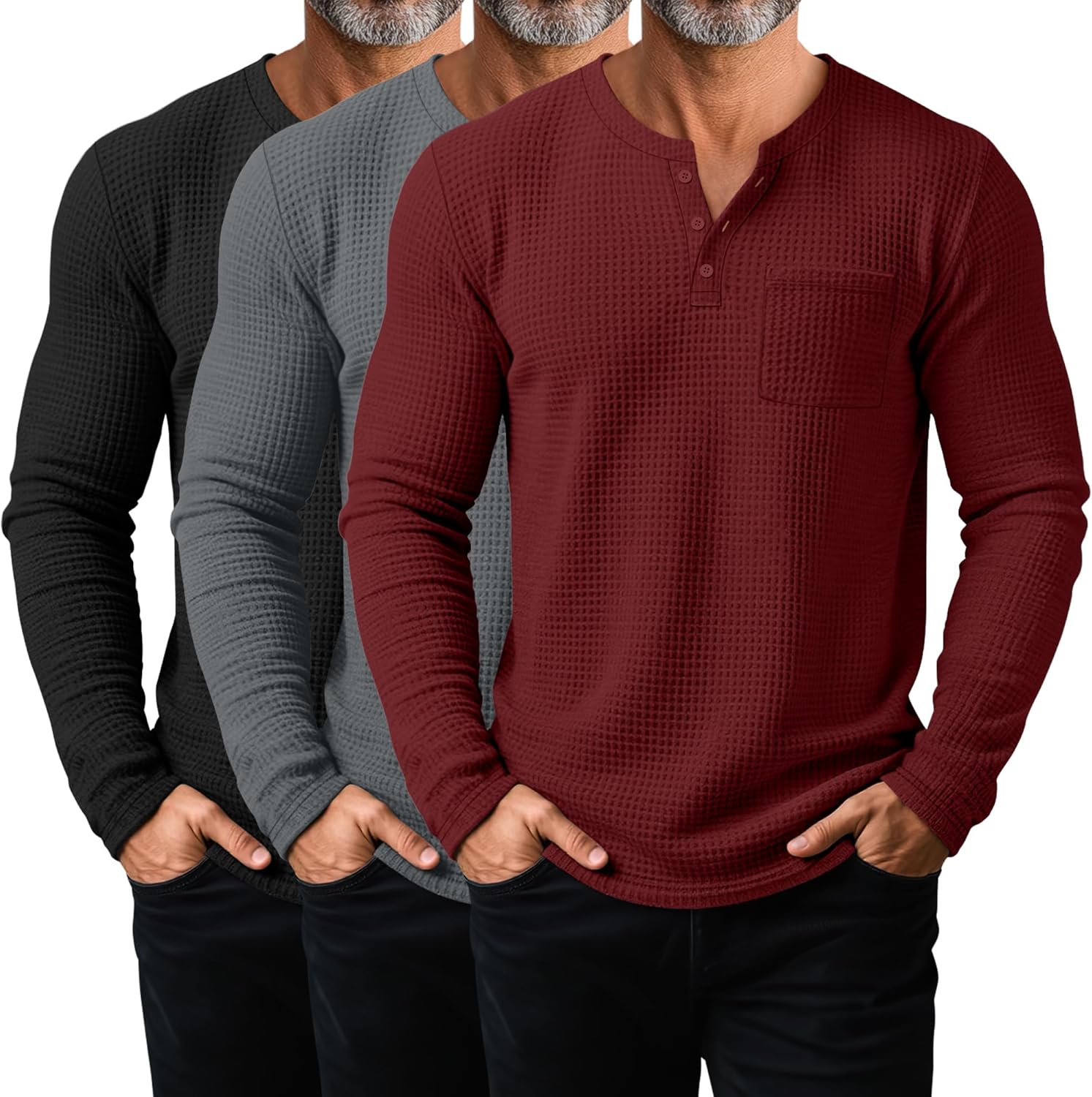 3 Pack Men's Waffle Henley Long Sleeve Thermal Shirts, Lightweight Casual Undershir...