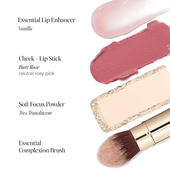 Jouer Les Must-Haves Starter Set | Translucent Setting Powder, Makeup Brush, Cream Blush & Lipstick Stick, and Lip Plumper Makeup Set | $115 Value