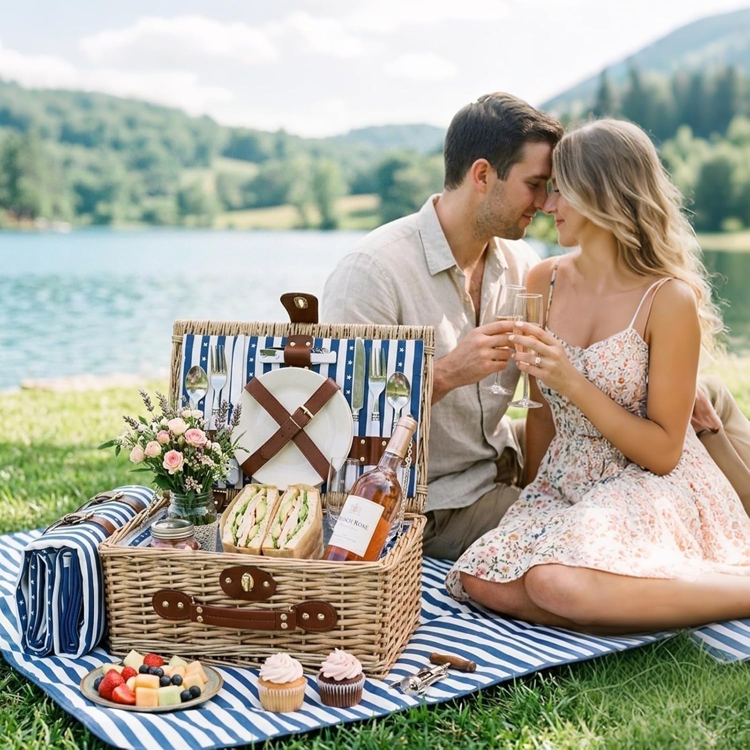 Wicker Picnic Basket for 2 with Waterproof Picnic Blanket and Insulated Bag Classic Blue and White Star Stripes Pattern for Soccer Game, Camping, Travel, Birthday Gift, Wedding Gift