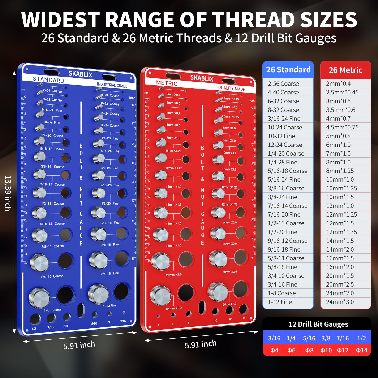 64 Nut and Bolt Thread Checker - 26 Standard and 26 Metric Bolt Checker and 12 Drill Bit Gauge,Bolt Size and Thread Gauge,Wall-Mountable Bolt and Nut Identifier Gauge