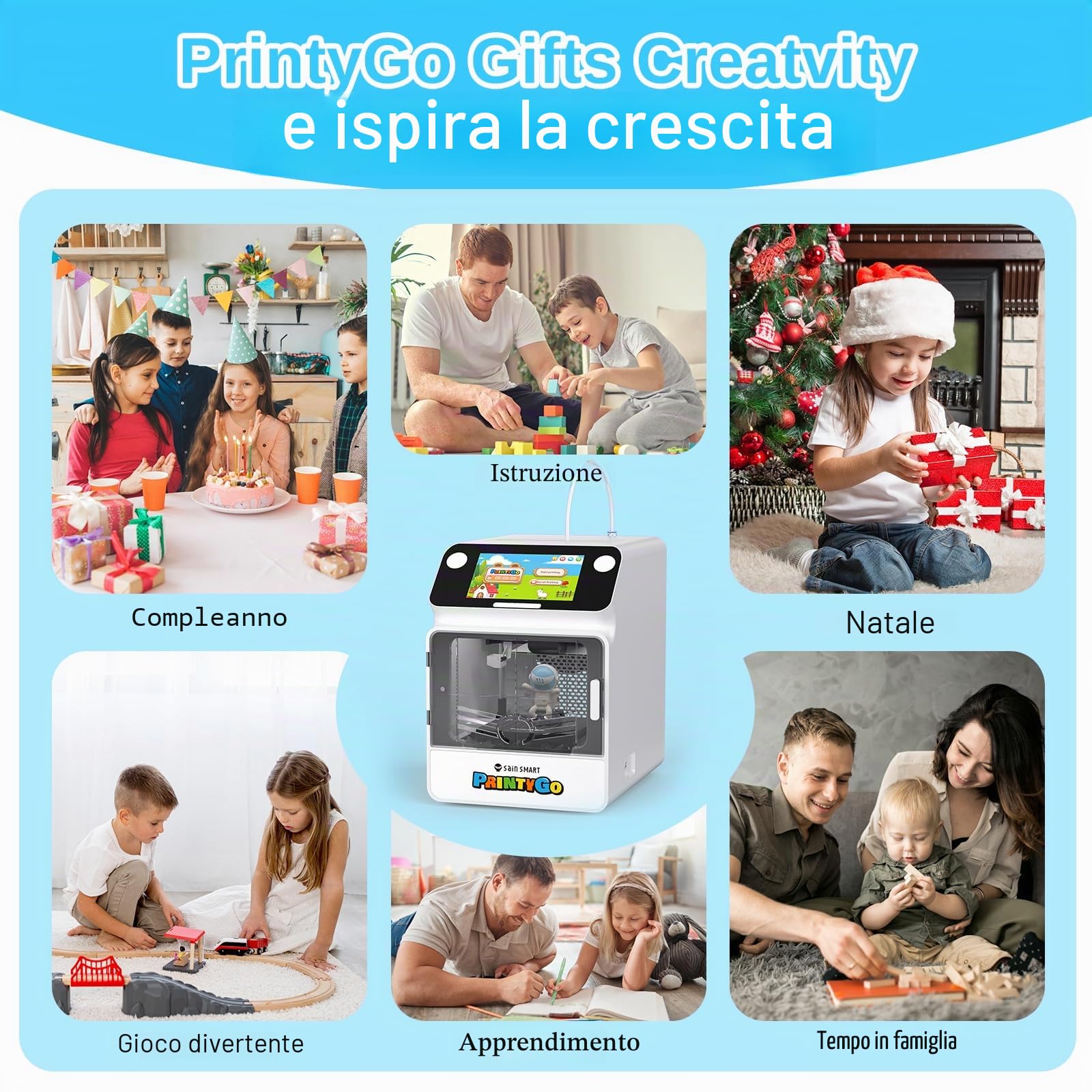 Stampante 3D PrintyGo Mini per bambini, stampante autolivellante da 600 mm/s per principianti con touch screen da 5", design sicuro per bambini, controllo Wi-Fi/app, regalo di apprendimento STEM