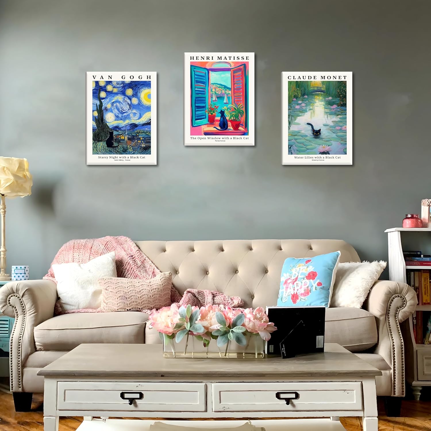 MUWAK Framed Black Cat Canvas Wall Art Set of 3 – Van Gogh Matisse Monet Inspired Paintings Art Prints, Funny Cat Aesthetic Pictures for Living Room Bedroom Bathroom – 12x16in