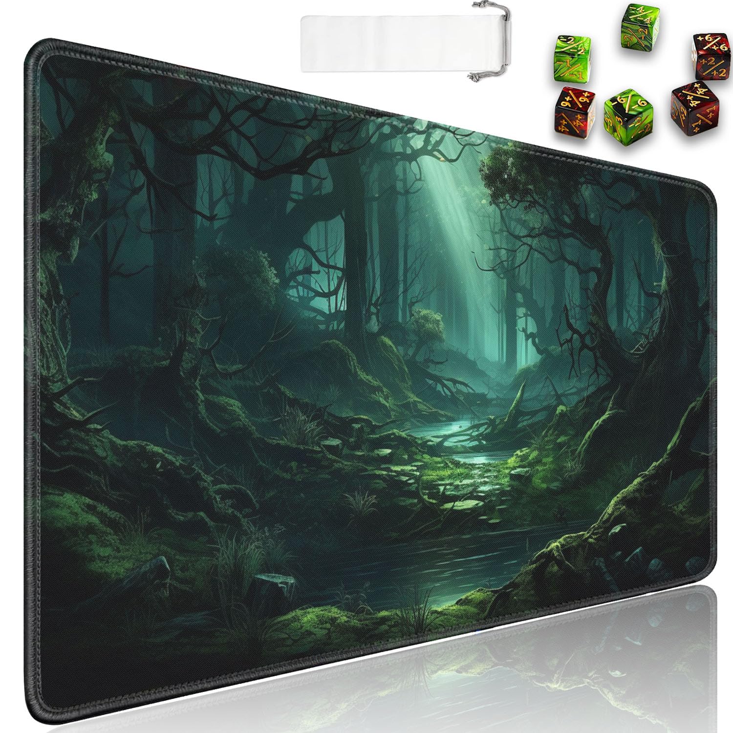 JVGFYNKL MTG Playmat + Drawstring Travel Pouch + 6 Dice Counter, for Tabletop Trading Card Game Playmats or Large Mouse Pad, Anti-Slip Rubber 24 x 14
