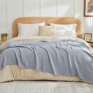 EMME Cotton Muslin Queen Blanket Bed Layering Breathable Gauze Blanket Soft Lightweight Blankets Adults (Dusty Blue, 90"x90")