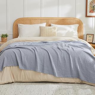 EMME 4 Layer Muslin Cotton Blanket Adults Coverlet,King,Dusty Blue