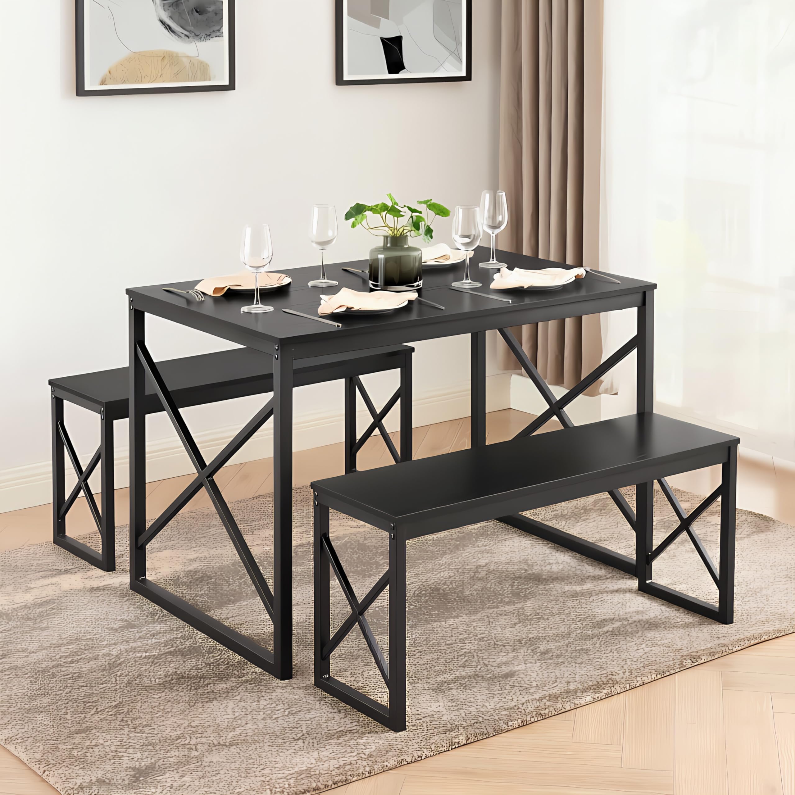 VECELO 43.3" Kitchen Dining Table Set for 4, Heavy-Duty Steel Frame & Wood-Grain Tabletop, Space-Saving Dinette Sets with 2 Benches for Breakfast Nook and Small Space, Black