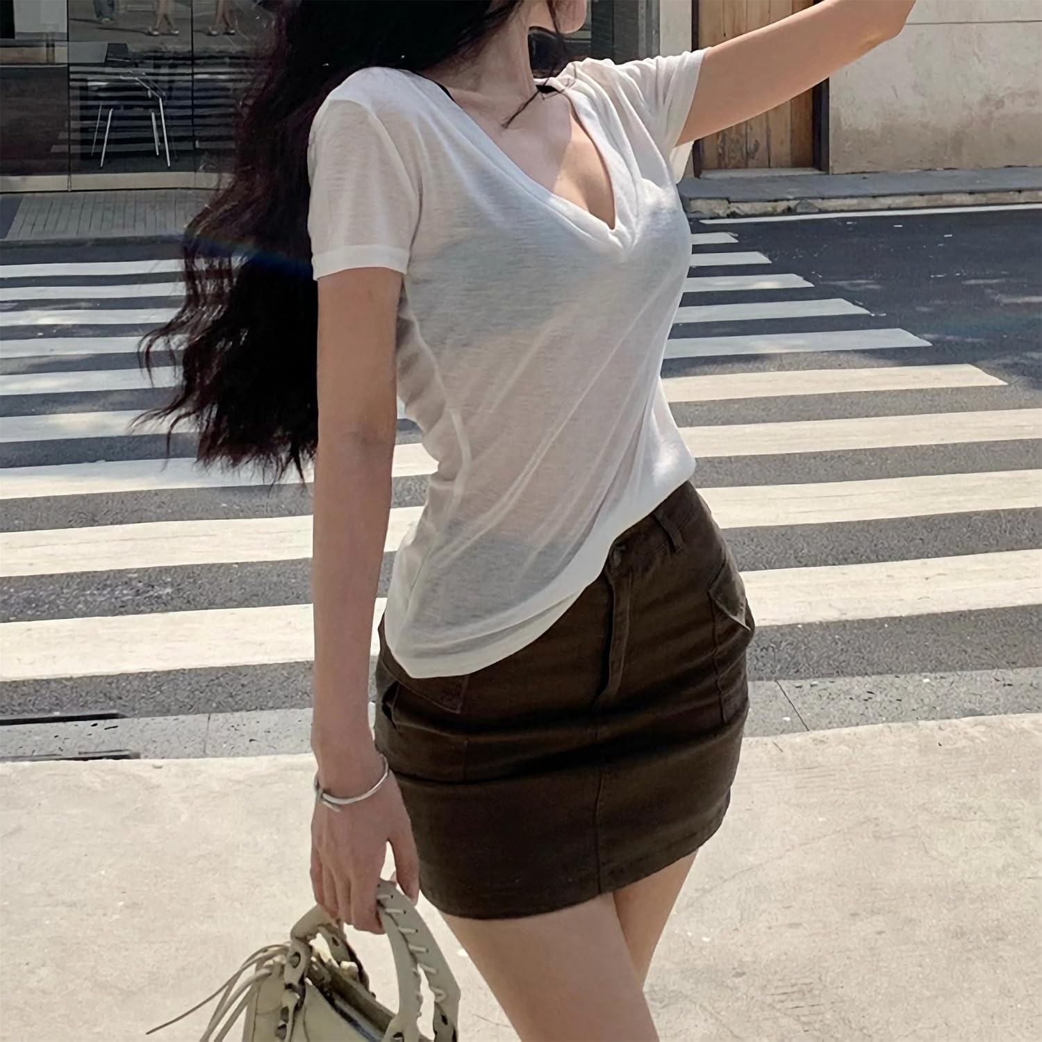 Elbucutess Women's Summer V-Neck T-Shirts Short Sleeve Sheer Basic Tops Tee White - Image 2