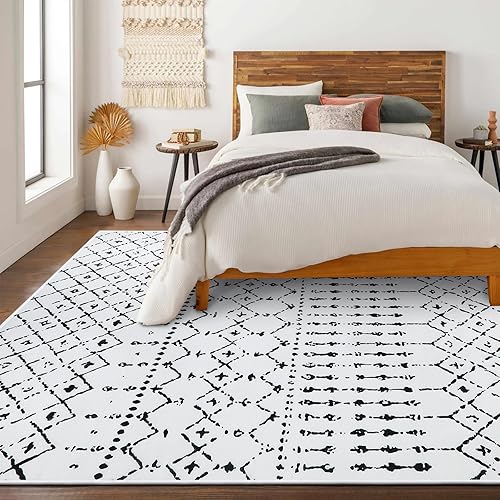 Miniatura 6 de LIVEBOX Alfombra de área blanca y negra de 8 x 10 pies para sala de estar, alfombra bohemia lavable fina marroquí para dormitorio, alfombra