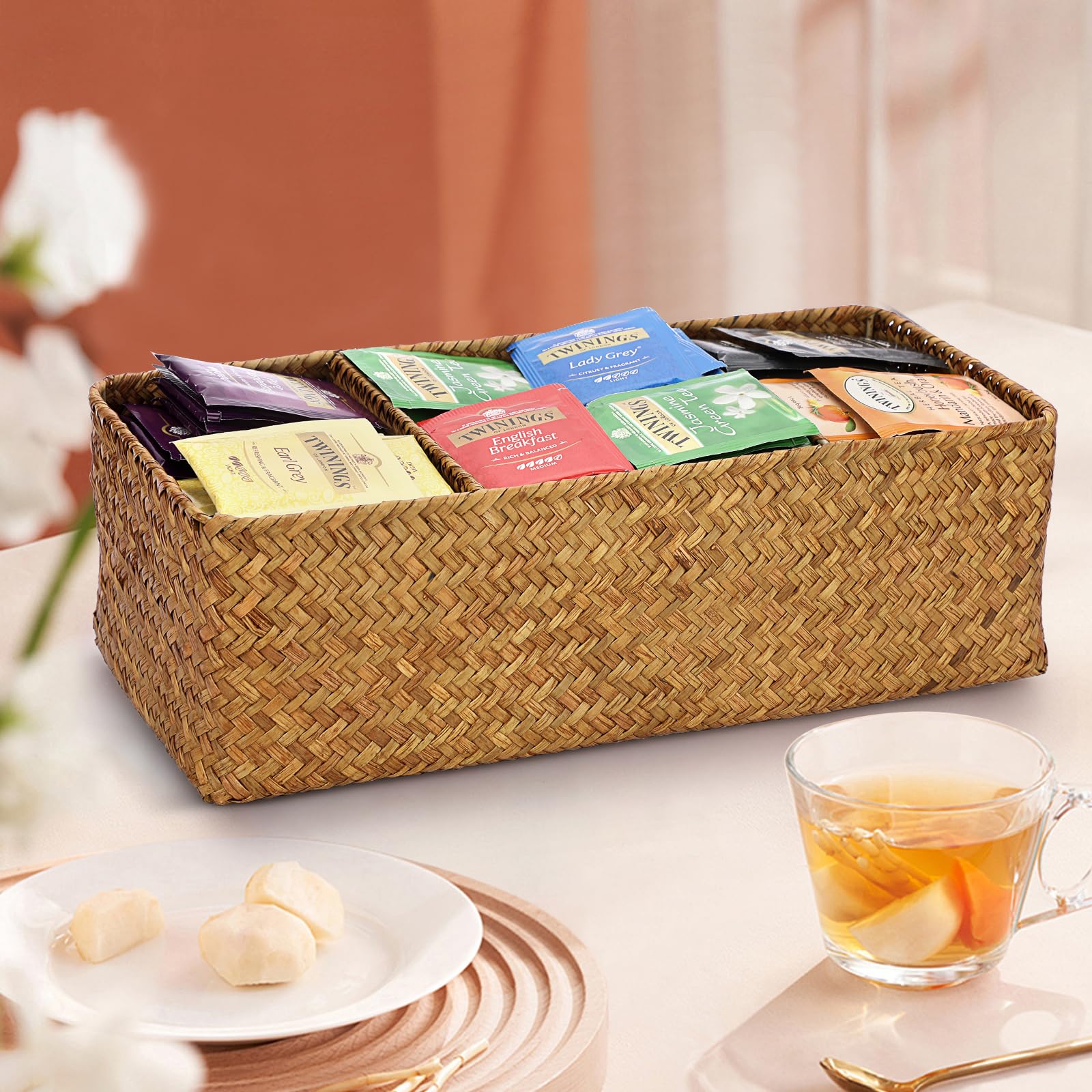 ELLDOO Cesta de almacenamiento tejida de mimbre de mimbre de hierba marina, organizador de cápsulas de café de gran capacidad para cápsulas K Cup Nespresso, caja de almacenamiento de hierba marina de