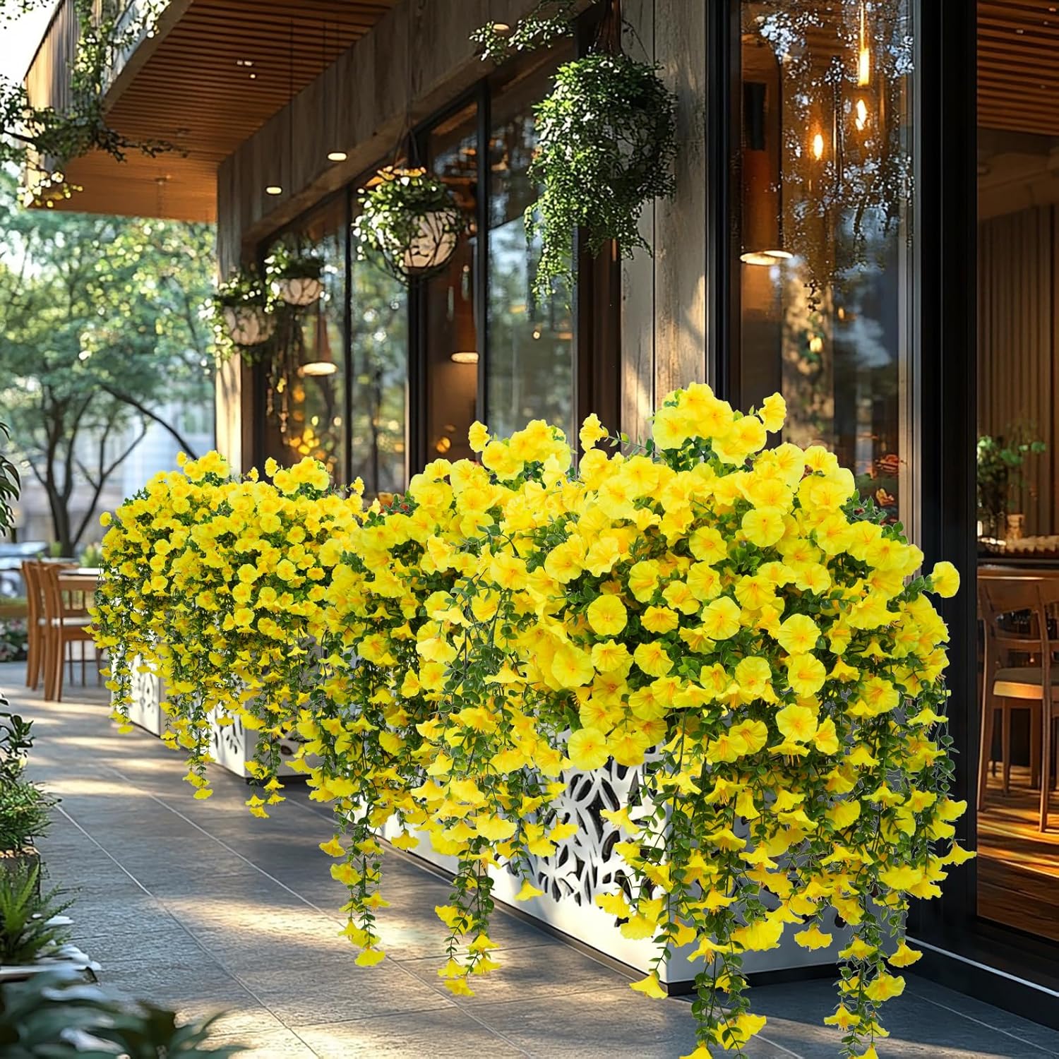 2Pcs Outdoor Faux Hanging Flowers Artificial Morning Glory with Eucalyptus Leaves UV Resistant Look Real Fake Plants for Outside Planter Porch Patio Balcony Yard Decor(Yellow) - Image 6